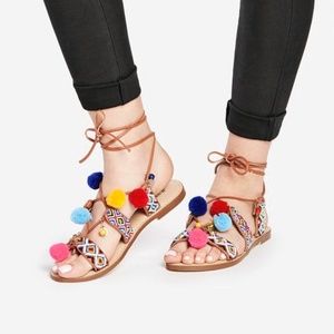 Juhlia Gladiator Sandals Beaded Pom Pom Jeweled